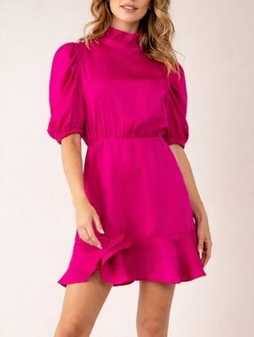 THML Hot Pink Puff Sleeve Mock Neck Flutter Mini Dress Womens Small Barbiecore